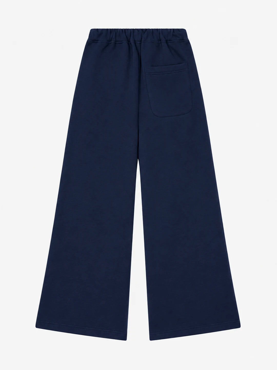 A pair of navy blue wide-leg pants with an elastic waistband and a single patch pocket on the left side, shown against a plain white background.