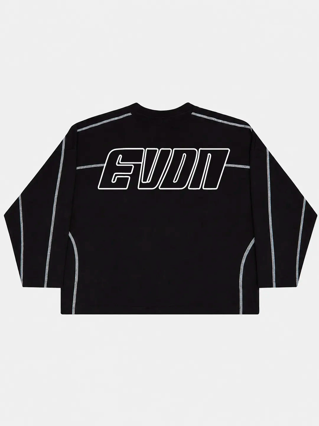Black long-sleeve t-shirt with white accents and EVDN branding