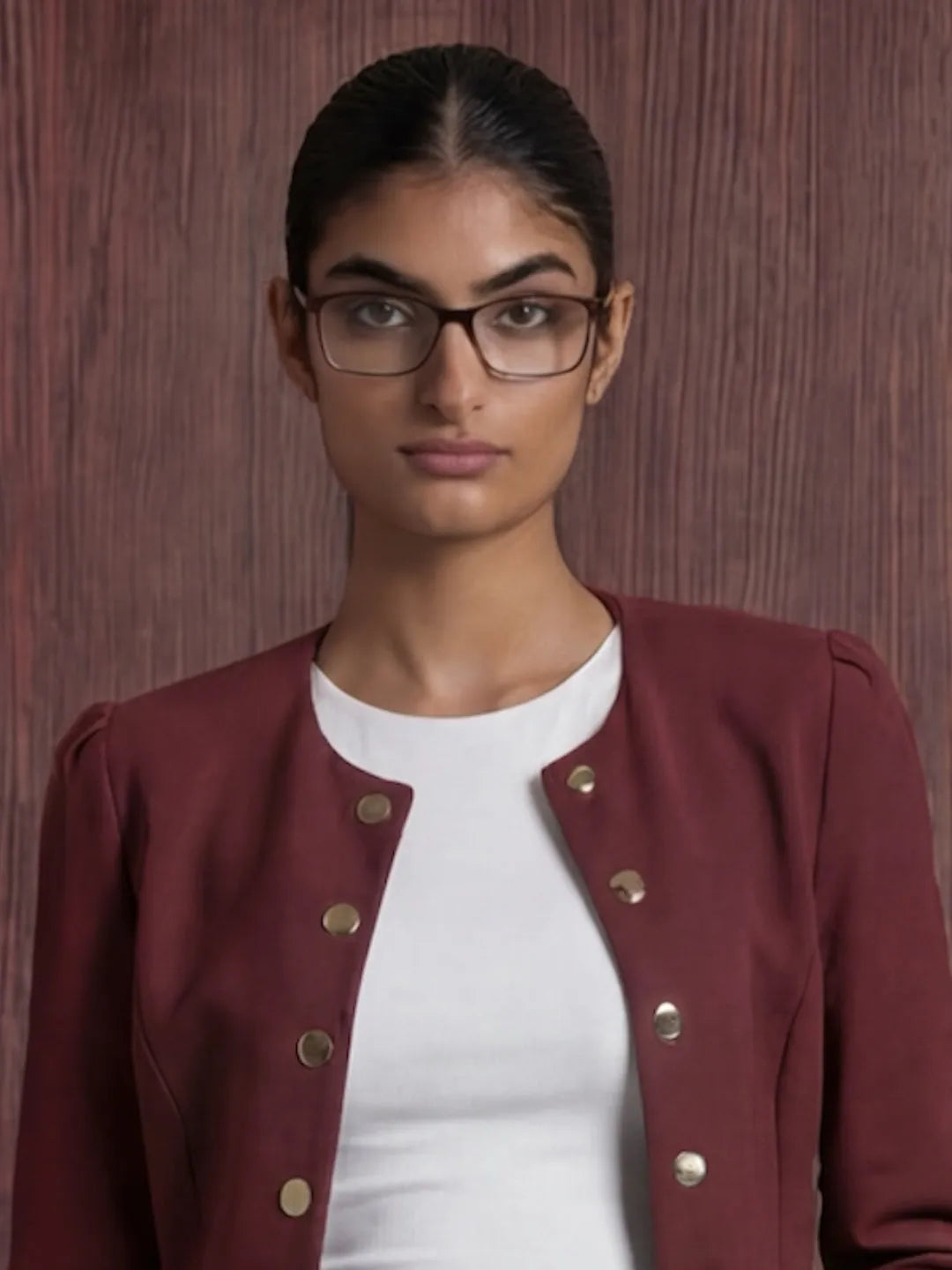 Woman wearing a maroon jacket with gold buttons against a wooden background