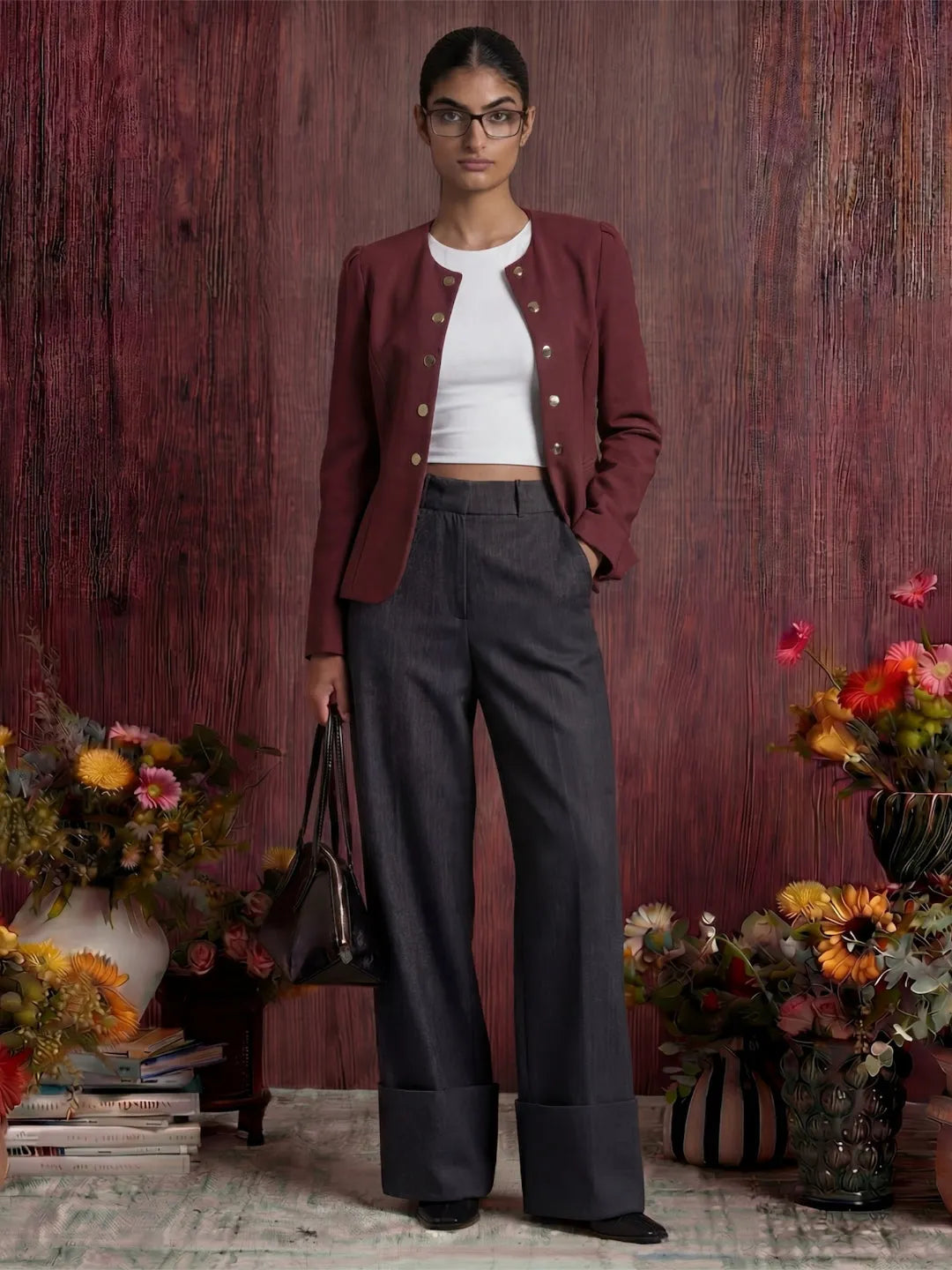 Woman in a burgundy jacket and grey pants standing in a room with floral arrangements.