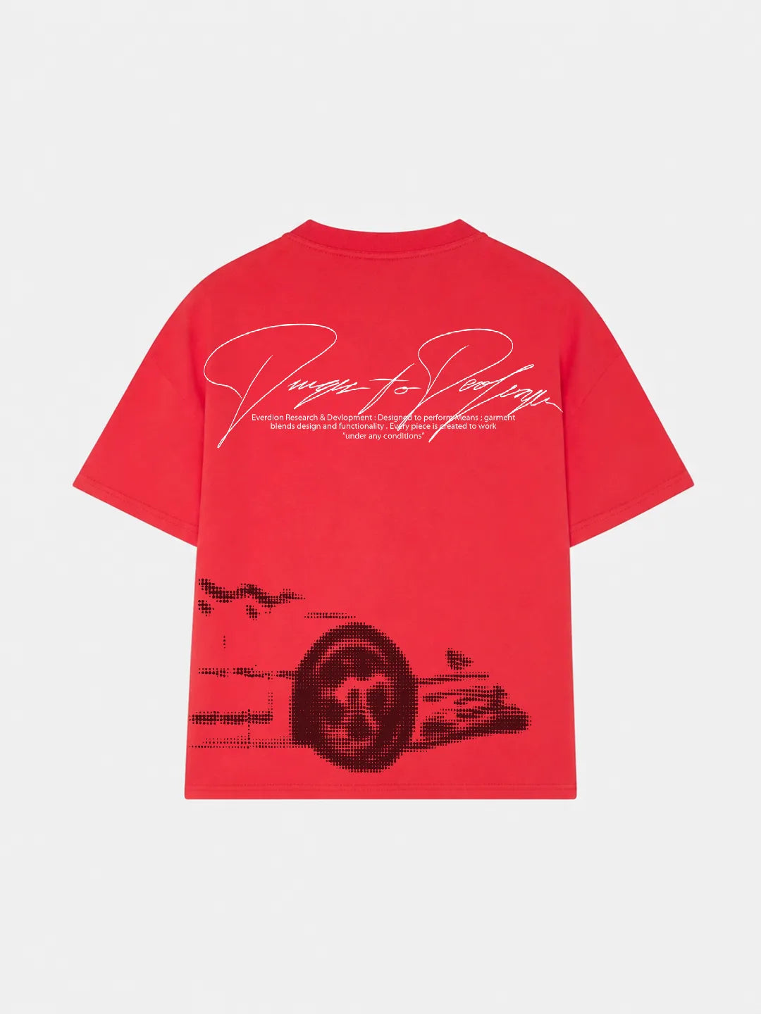 Red t-shirt with black graphic design on a white background