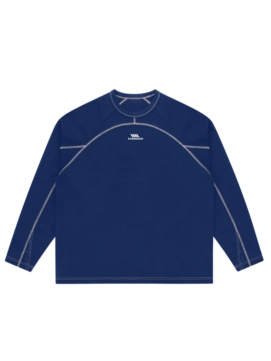 A navy blue long-sleeve athletic t-shirt with light grey contrast stitching and a small white logo on the chest