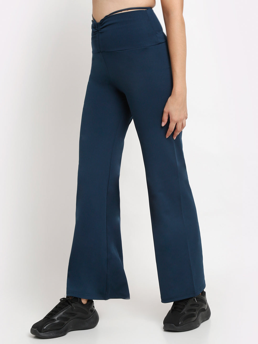 blue high waist tie up flared trousers