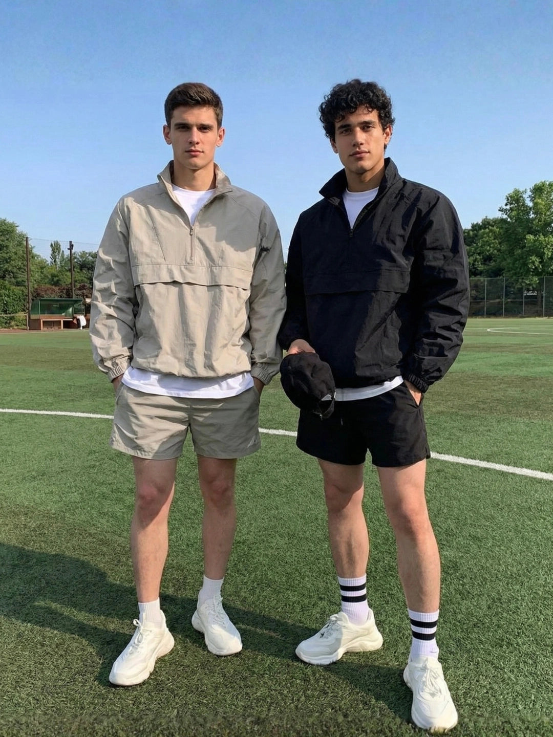Two persons wearing sports jacket and shorts outfit.