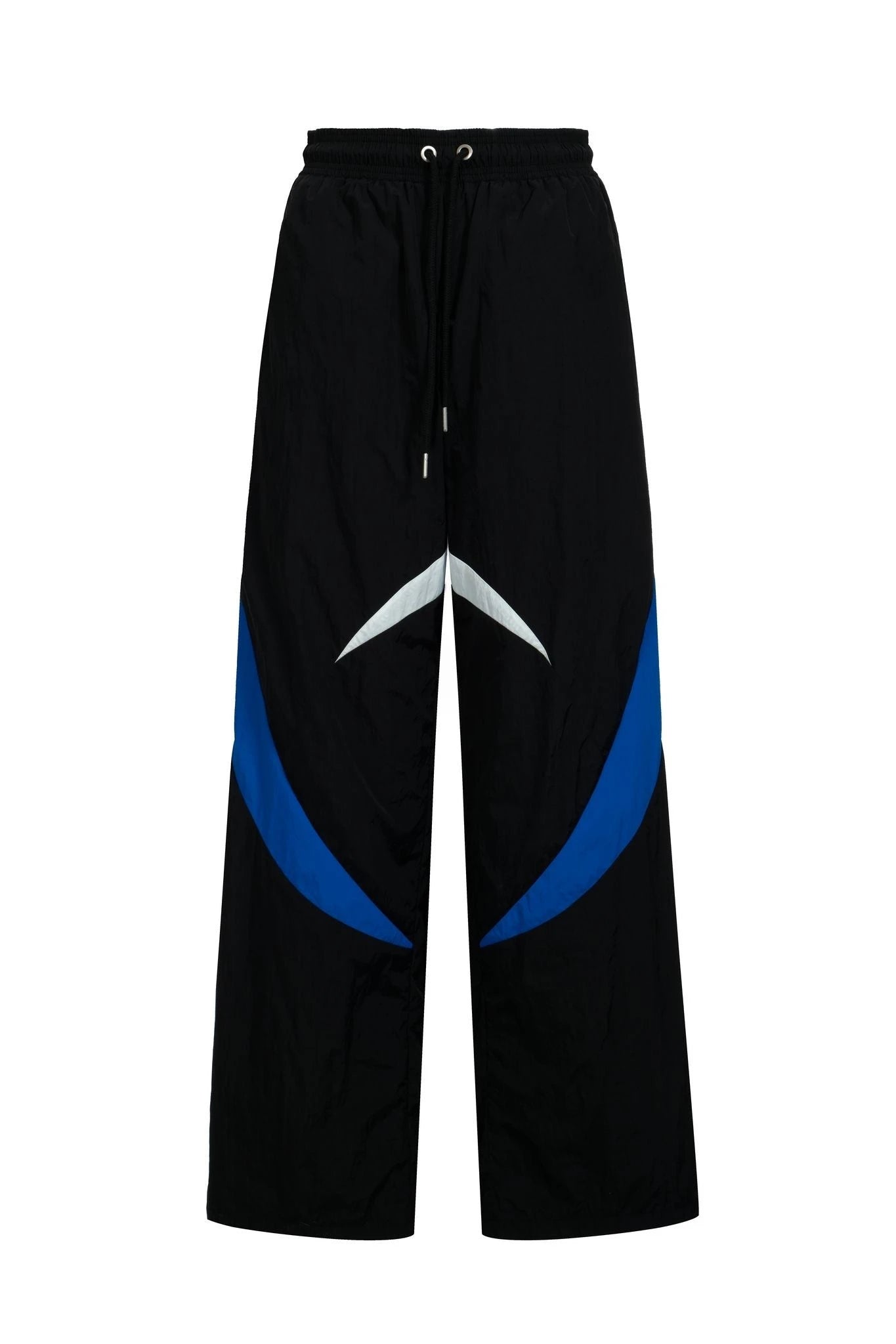 Black pants with a blue and white geometric design on a white background