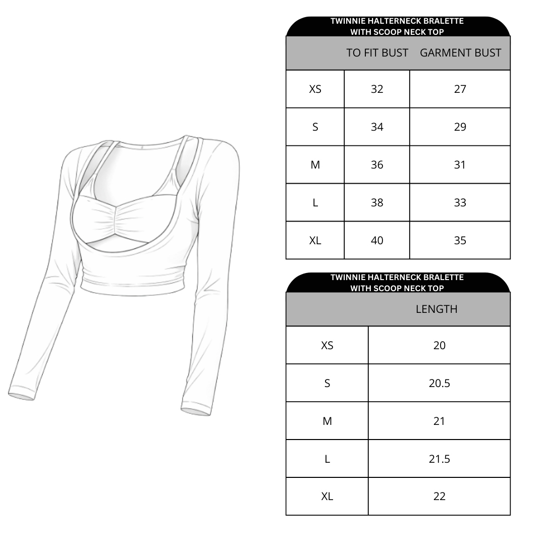 Size chart for Twinnie Halterneck Bralette with Scoop Neck Top