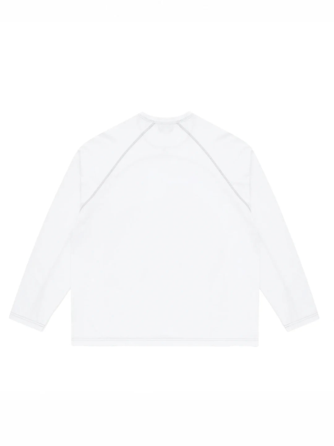 A white long-sleeve raglan shirt shown from the back