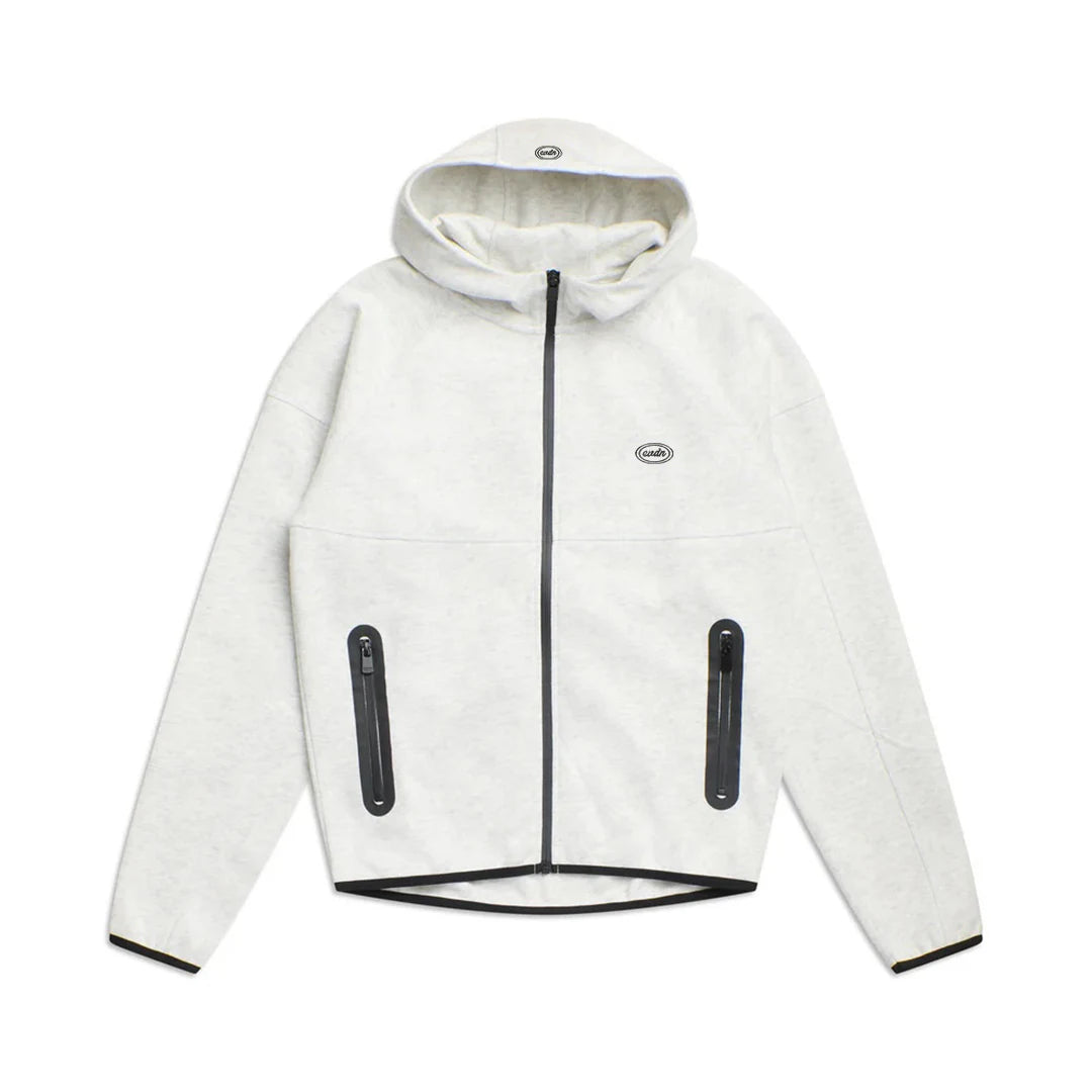 White hooded jacket with black zippers on a white background