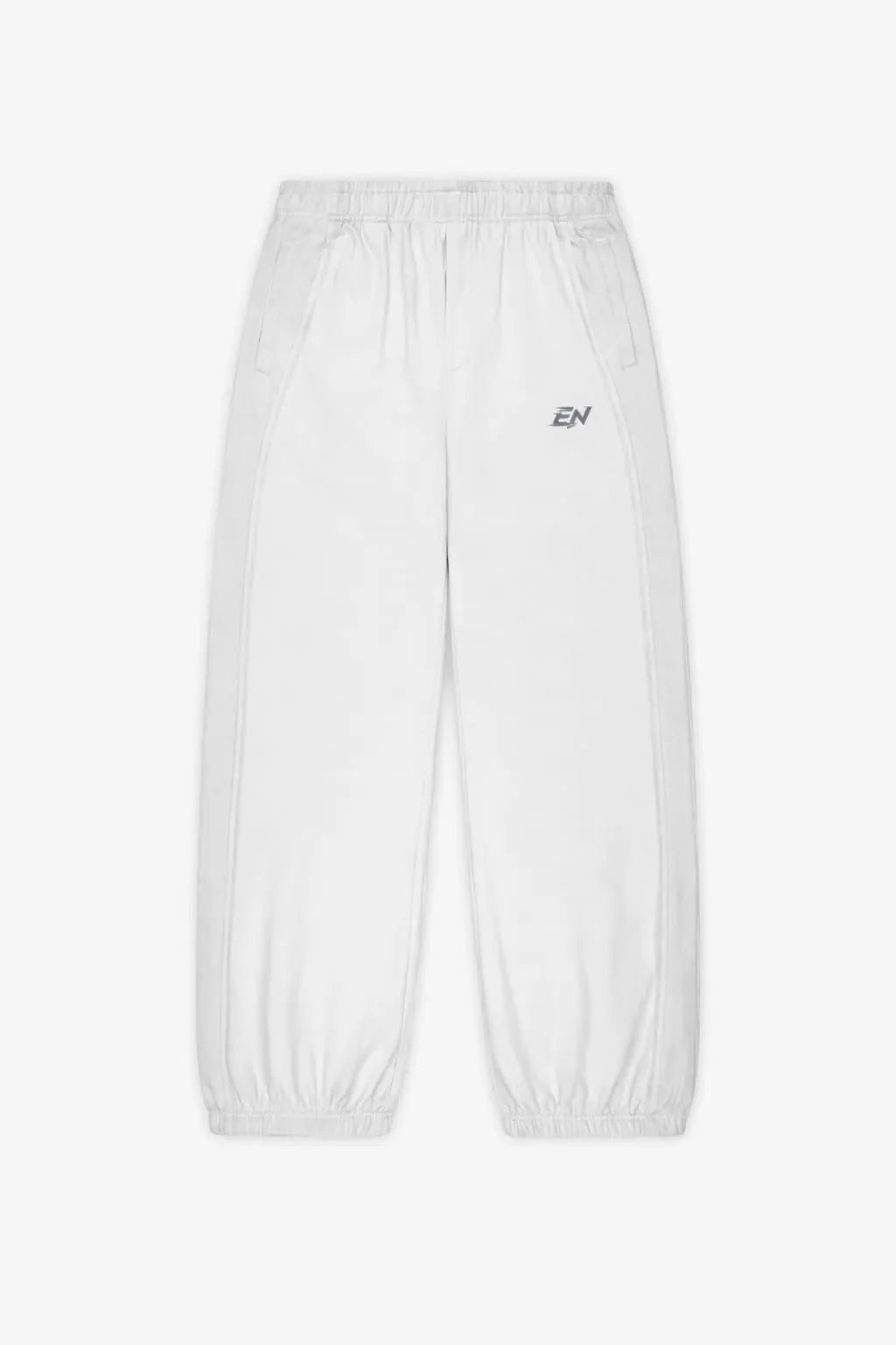 White joggers with a brand logo on a white background