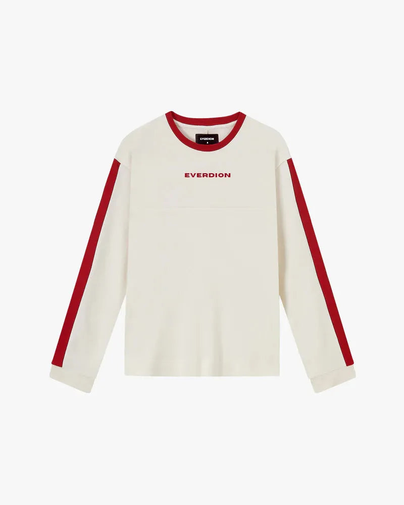 White long sleeve sports t-shirt with red accents and 'EVERDION' branding on a white background
