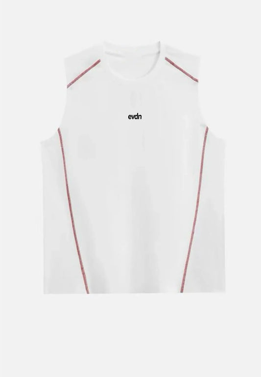 White sleeveless top with red accents and 'evdn' branding on a white background