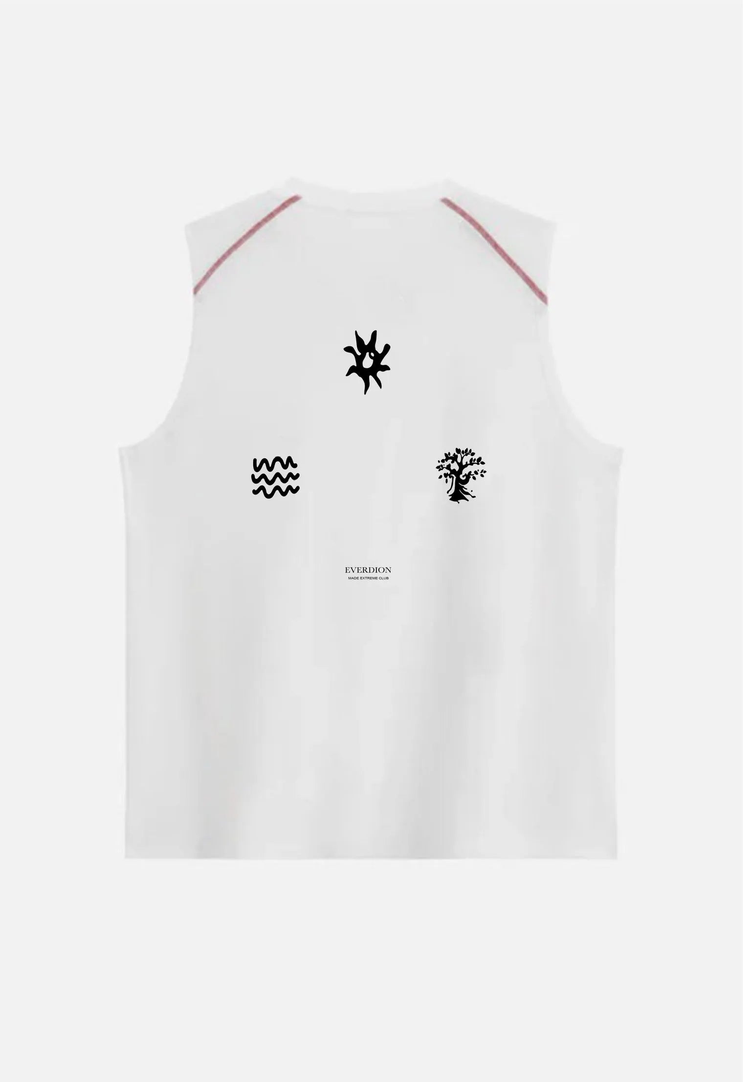 White sleeveless shirt with black graphics on a white background