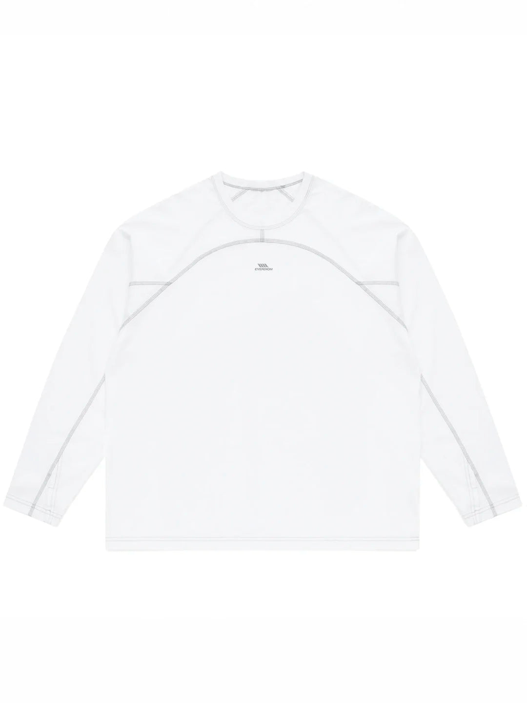 A white long-sleeve athletic t-shirt with subtle grey contrast stitching and a small logo on the chest