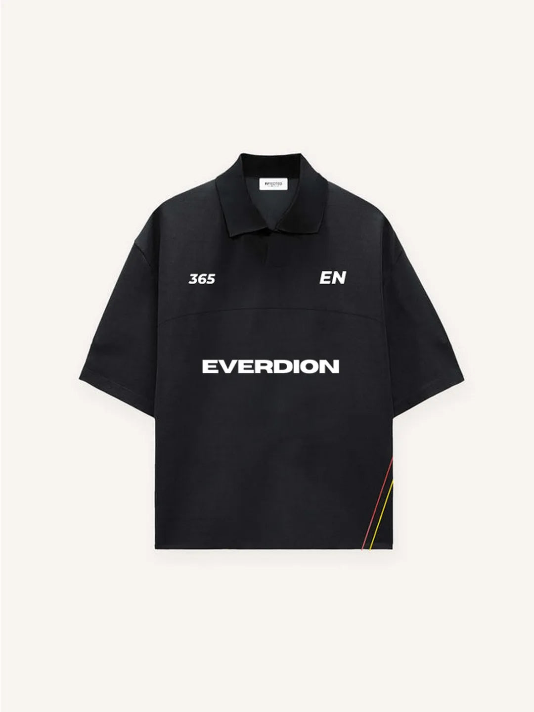 Black polo shirt with 'EVERDION' branding on a white background