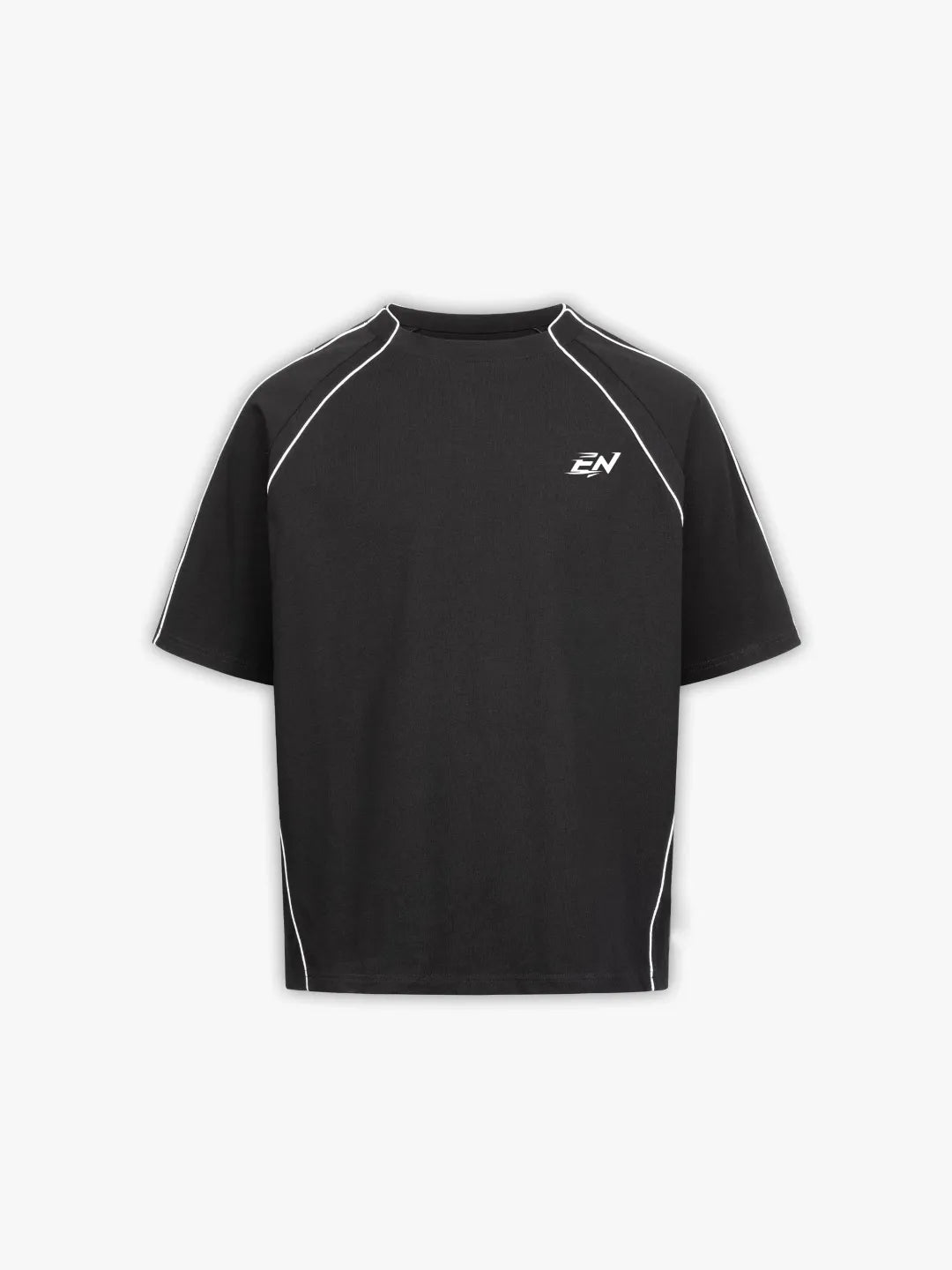 Black Tshirt with durable fabric, featuring a relaxed silhouette with contrast piping details, finished with subtle Everdion branding for a clean,