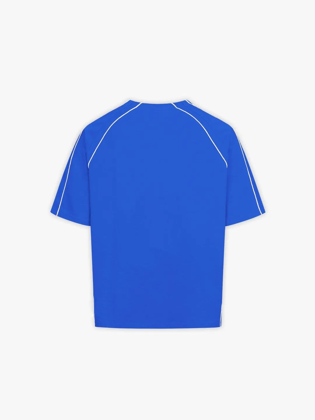 Back of Royal Blue Tshirt with durable fabric, featuring a relaxed silhouette with contrast piping details, finished with subtle Everdion branding for a clean,