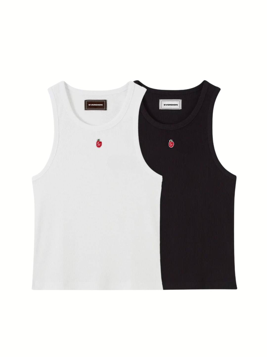 Black and white tank tops with a brand logo on a white background