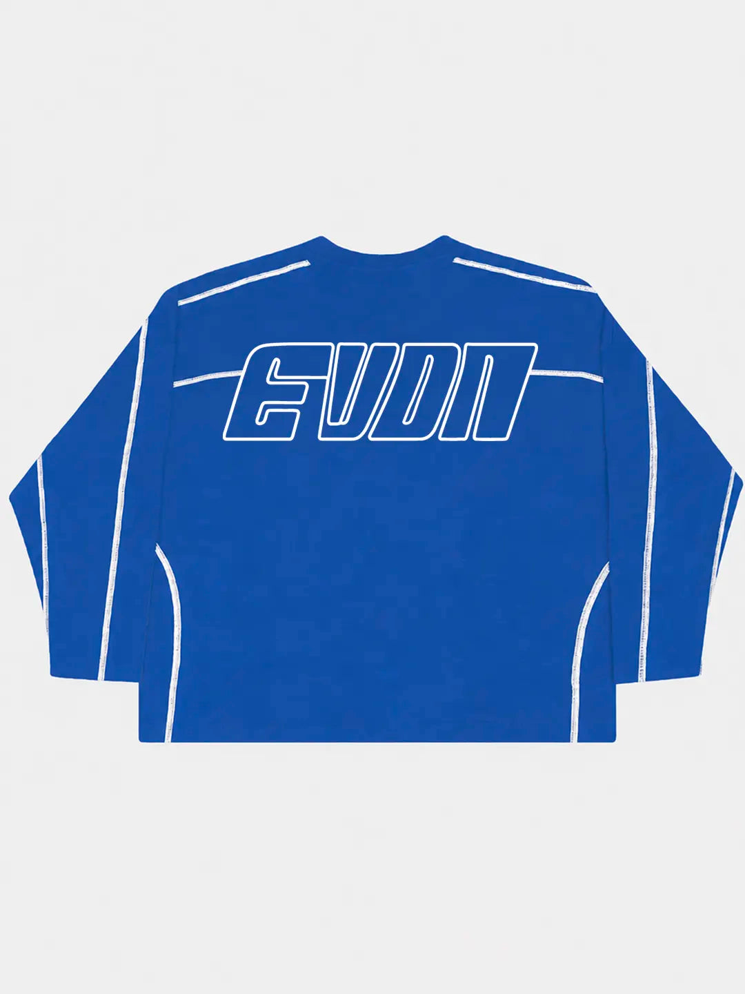 Blue long-sleeve t-shirt with white accents 