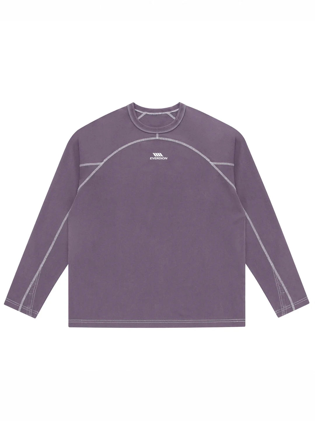 A long-sleeve athletic t-shirt in a lavender color, featuring light grey contrast stitching along the raglan sleeves and collar, with a small white logo on the center chest.